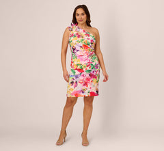 Plus Size One Shoulder Rosette Floral Sheath Dress In Pink Multi