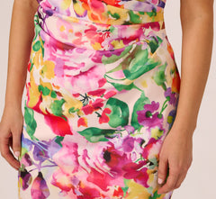 Plus Size One Shoulder Rosette Floral Sheath Dress In Pink Multi