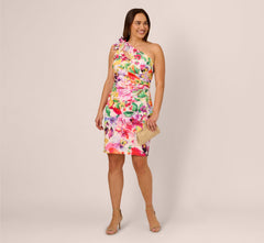Plus Size One Shoulder Rosette Floral Sheath Dress In Pink Multi