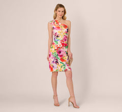 One Shoulder Rosette Floral Sheath Dress In Pink Multi