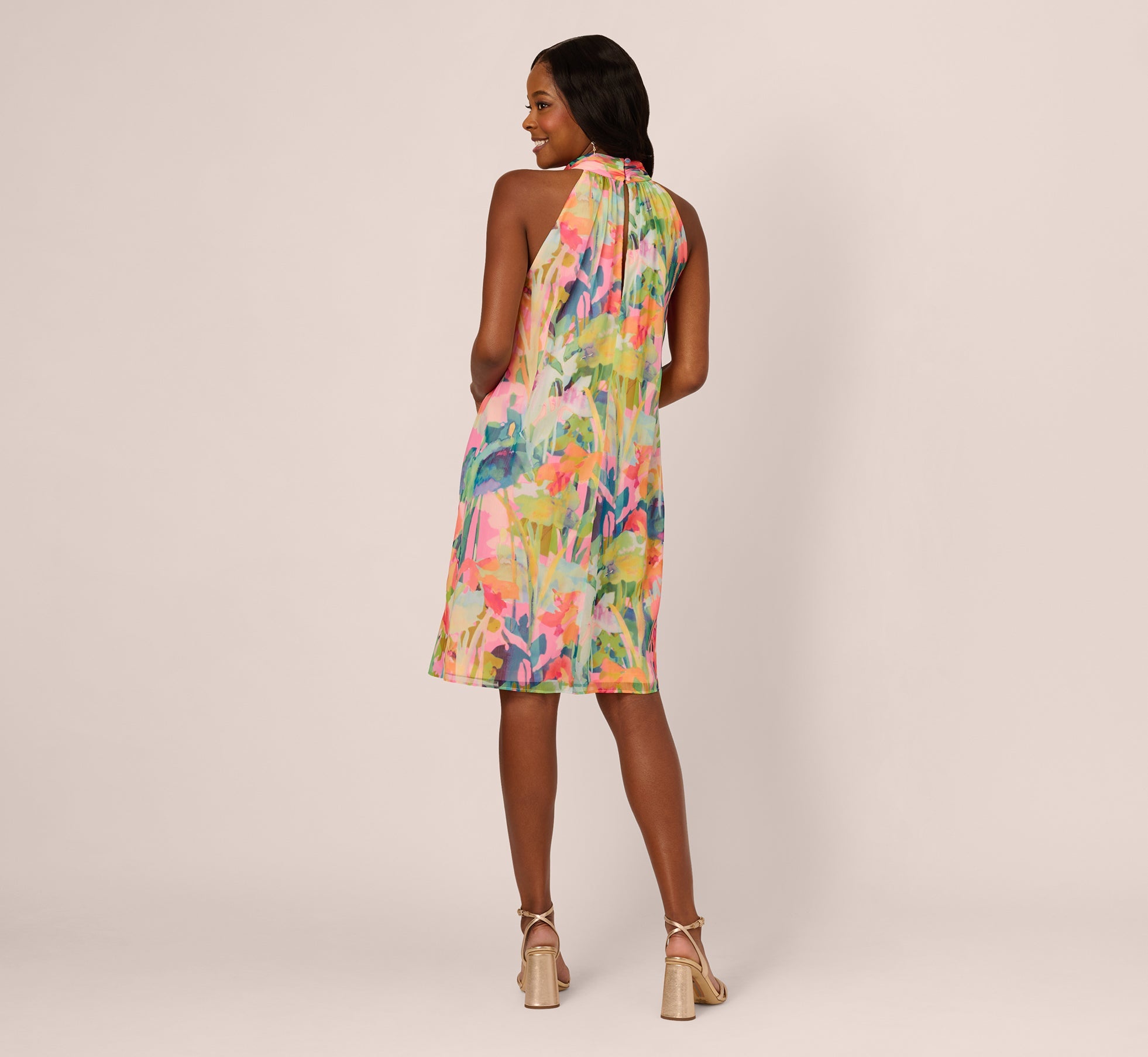 Floral Ruffle Chiffon Halter Trapeze Dress In Pink Multi