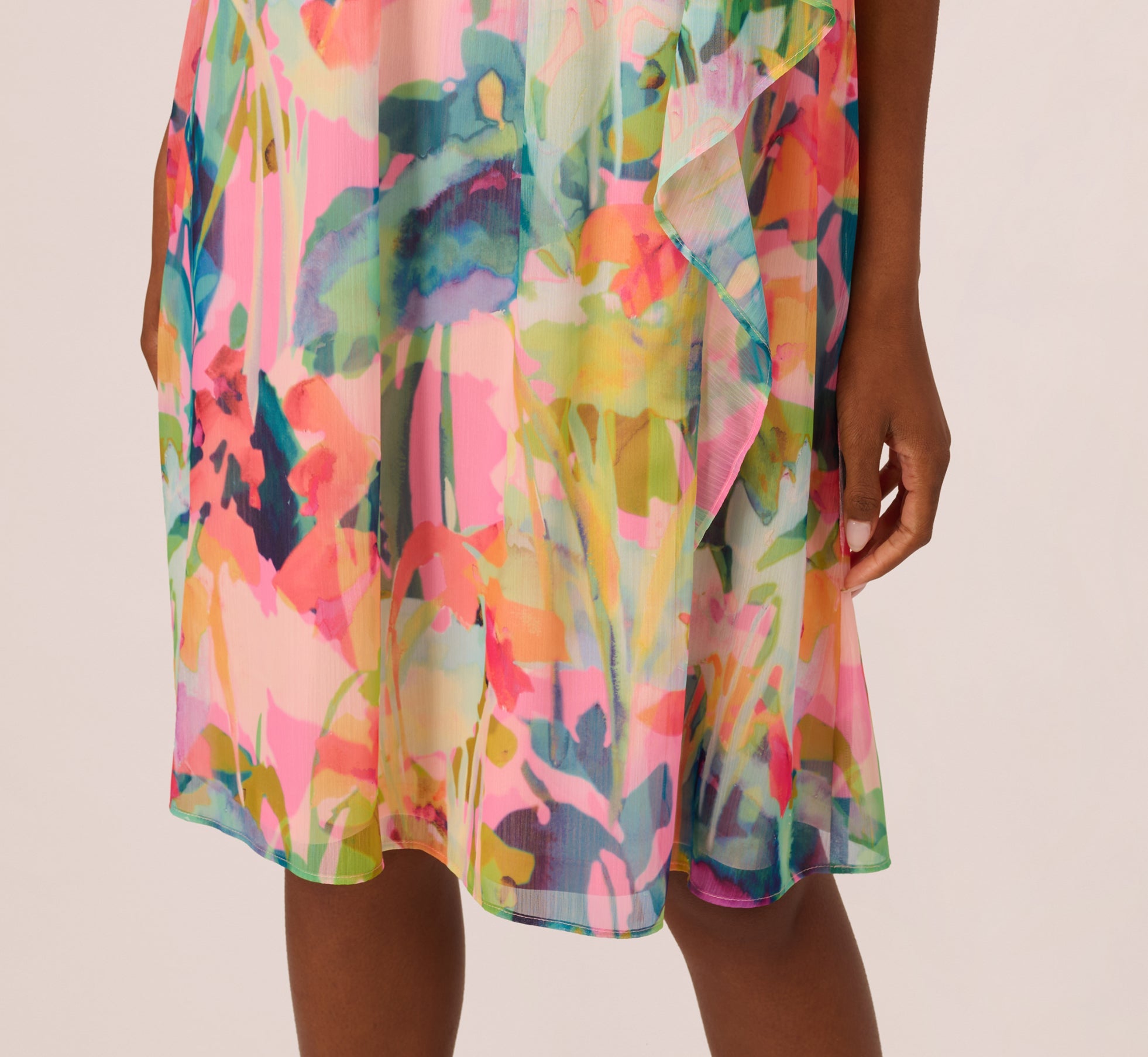 Floral Ruffle Chiffon Halter Trapeze Dress In Pink Multi
