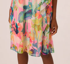 Floral Ruffle Chiffon Halter Trapeze Dress In Pink Multi