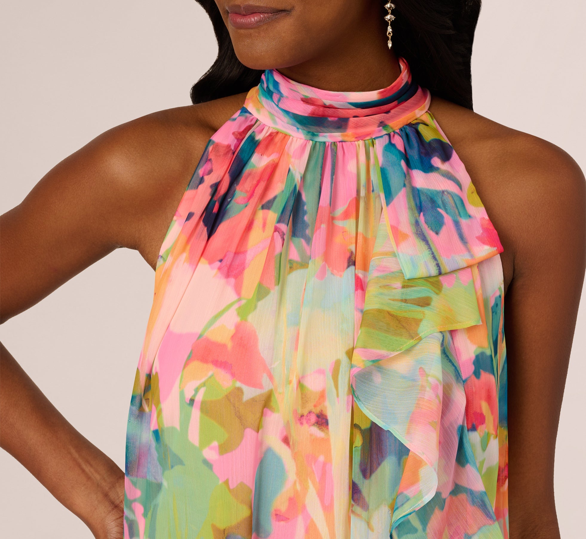 Floral Ruffle Chiffon Halter Trapeze Dress In Pink Multi