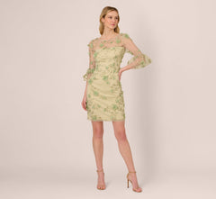 Bell Sleeve Floral Embroidered Illusion Sheath Dress In Sage Multi