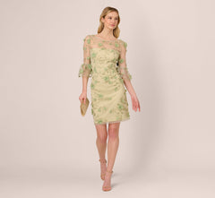 Bell Sleeve Floral Embroidered Illusion Sheath Dress In Sage Multi