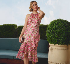 Floral Embroidered Flounce Halter Dress In Pink Multi