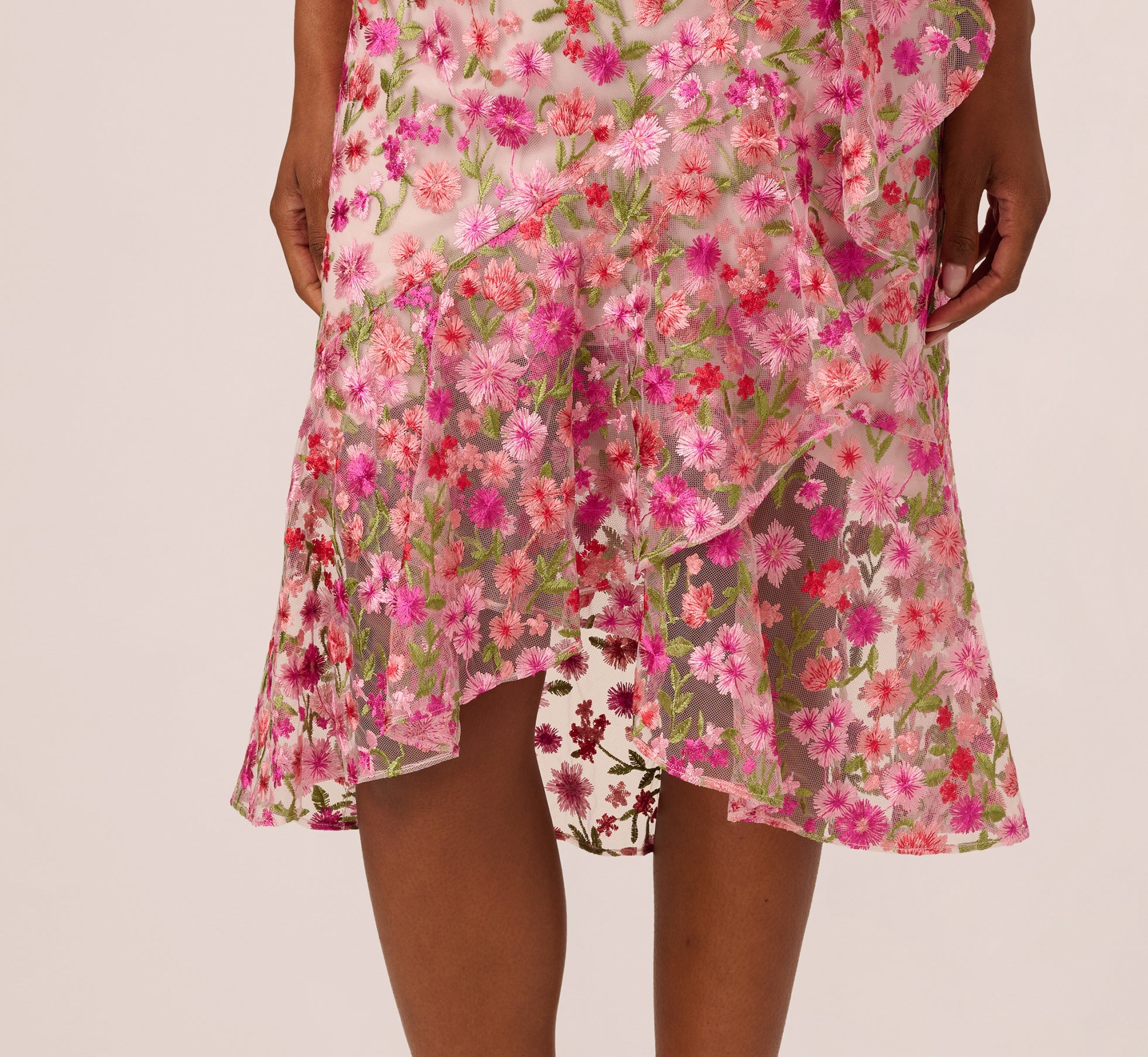Floral Embroidered Flounce Halter Dress In Pink Multi