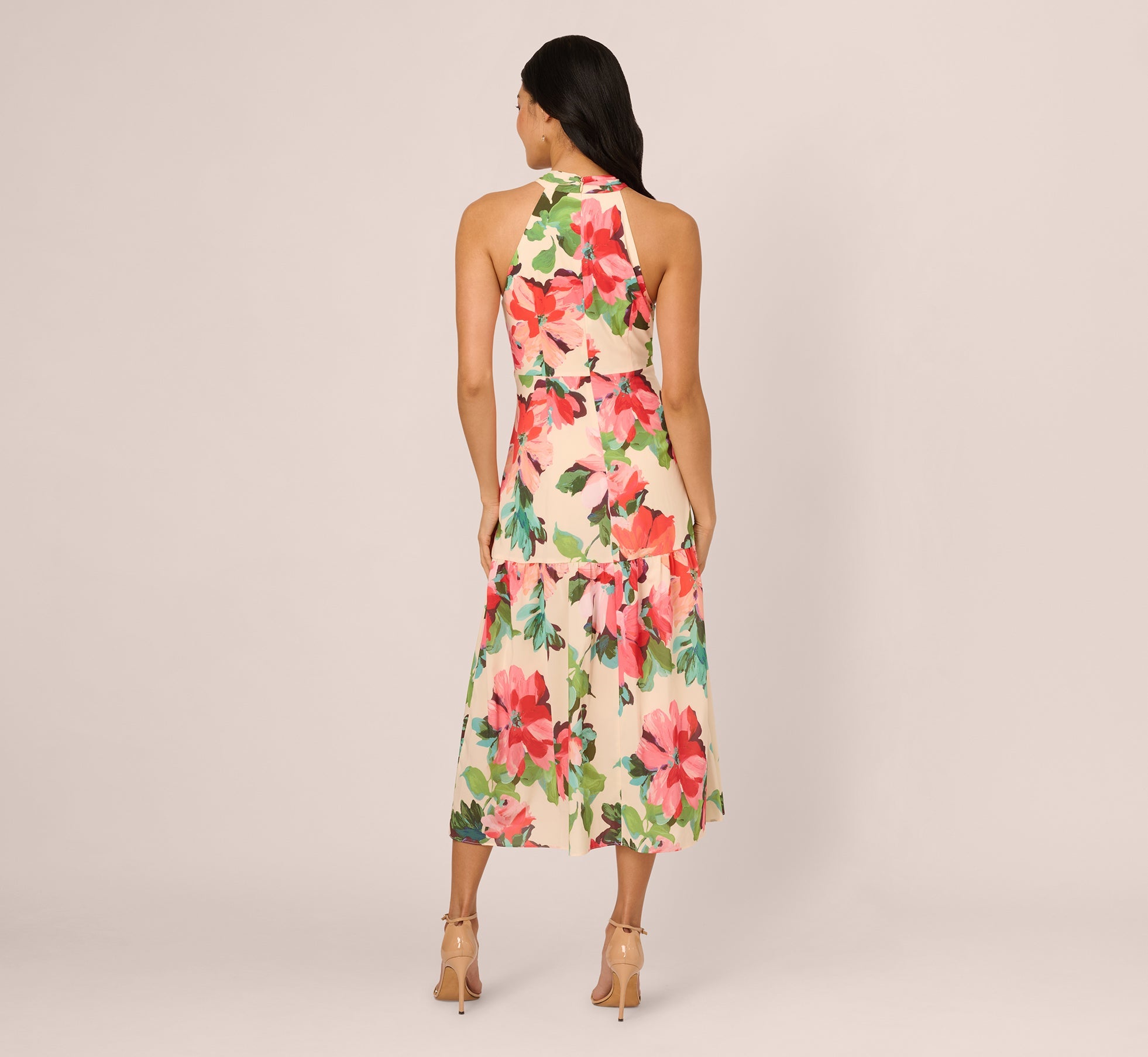 Floral Keyhole Halter Flounce Dress In Blush Multi