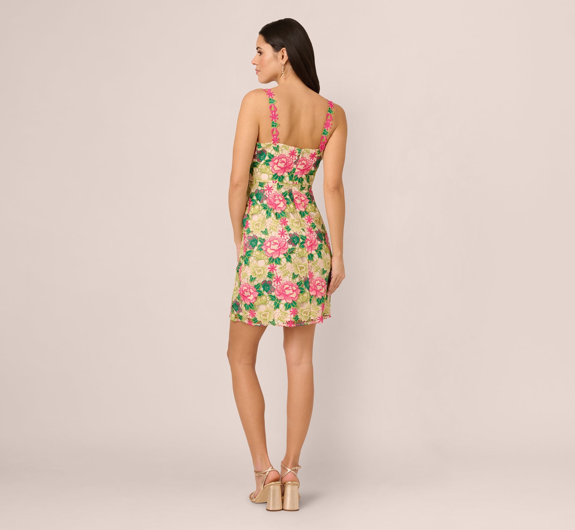 Sleeveless Floral Embroidery Short Sheath Dress In Pink Green Multi