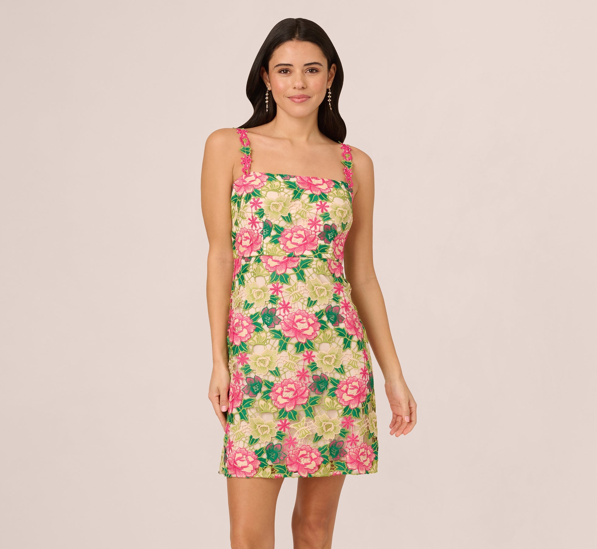 Sleeveless Floral Embroidery Short Sheath Dress In Pink Green Multi