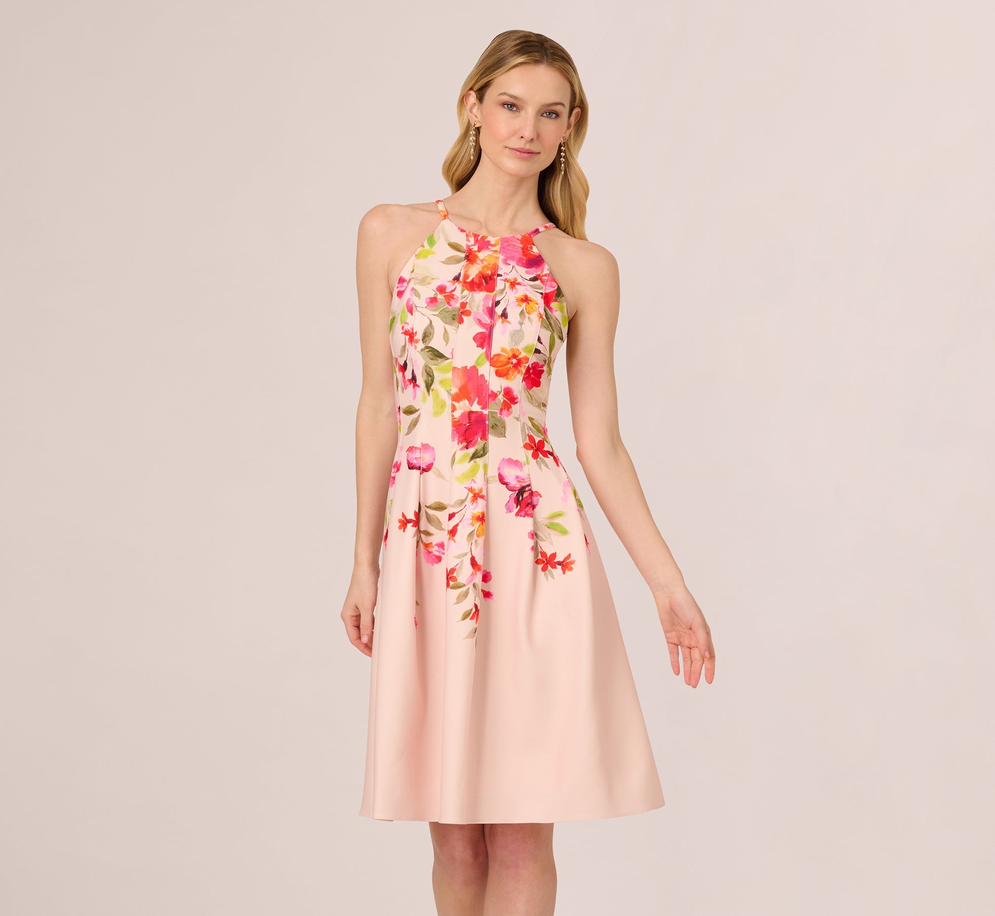 Floral Fit And Flare Halter Midi Dress In Champagne Multi