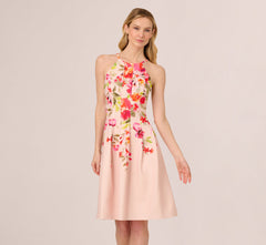 Floral Fit And Flare Halter Midi Dress In Champagne Multi