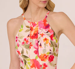 Floral Fit And Flare Halter Midi Dress In Champagne Multi