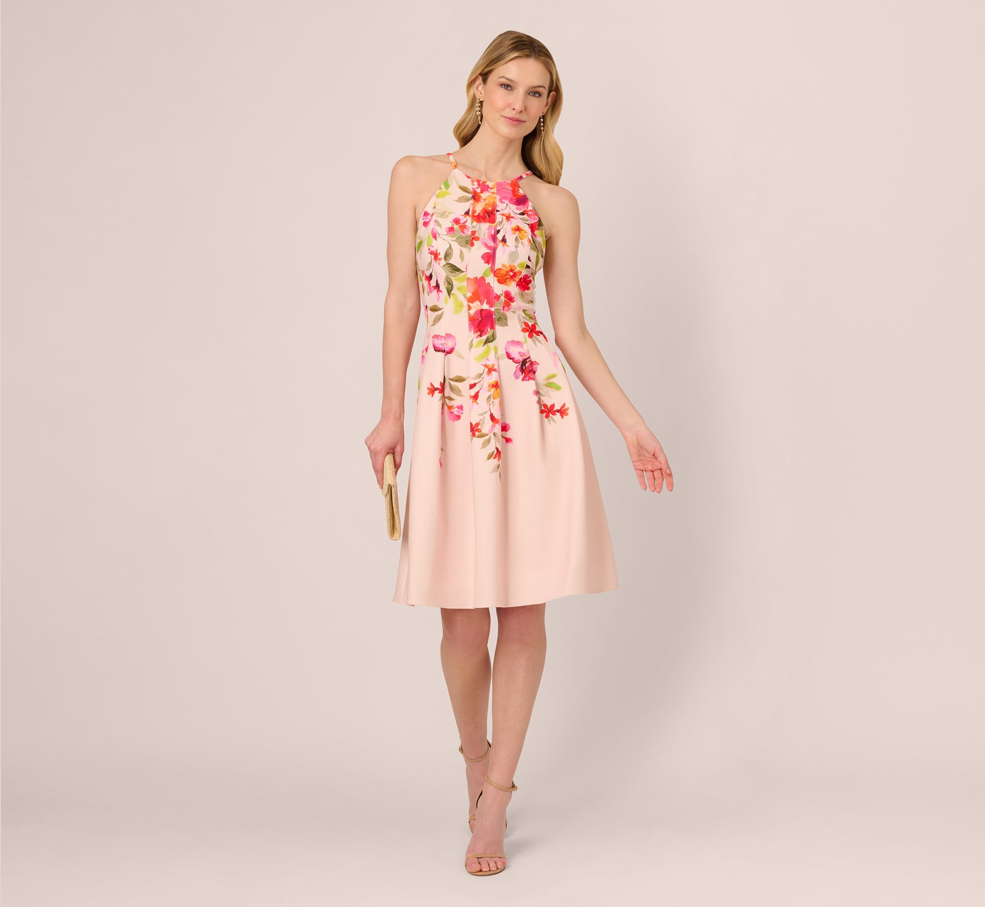 Floral Fit And Flare Halter Midi Dress In Champagne Multi