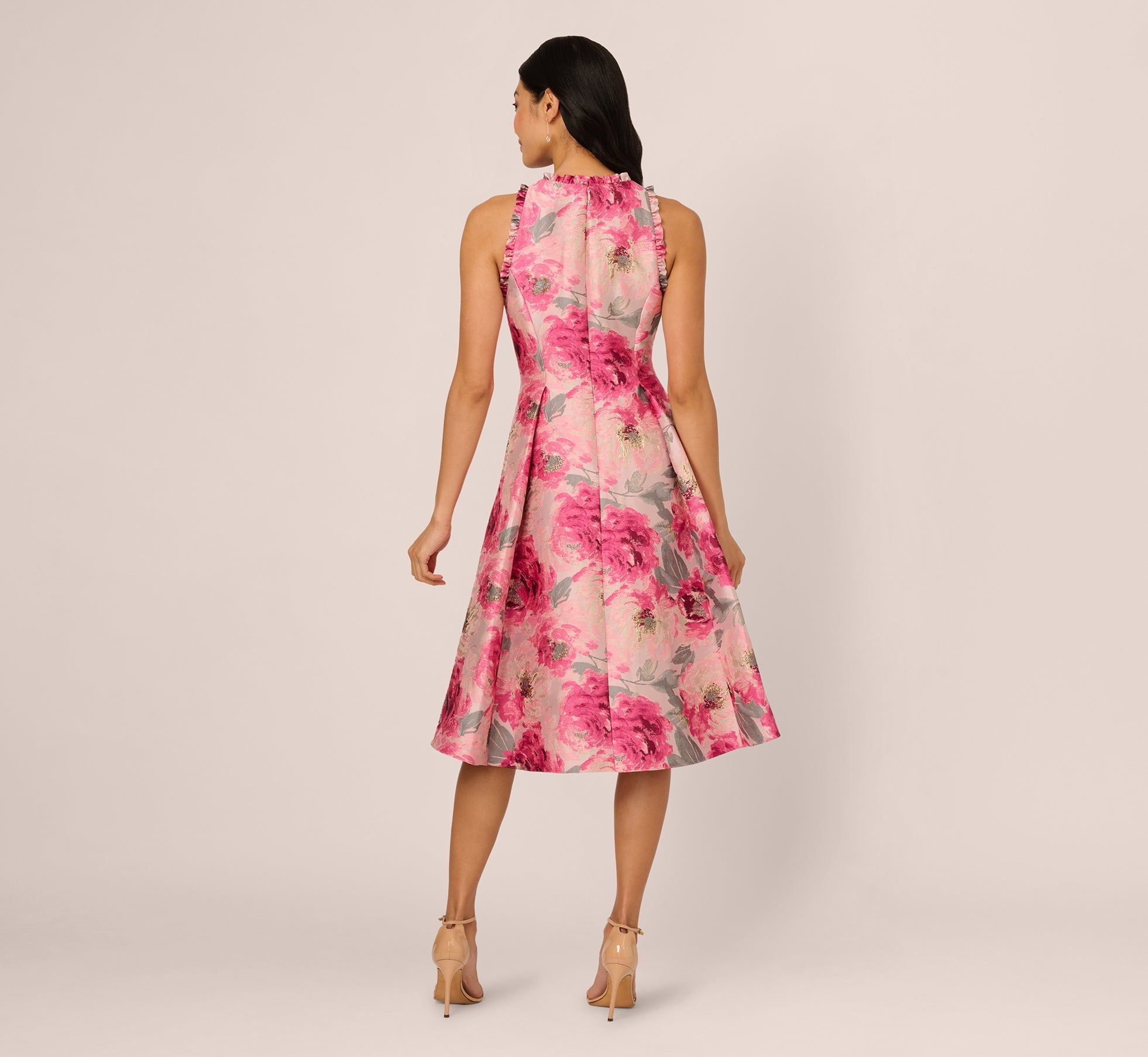 Sleeveless Floral Jacquard Fit And Flare High Low Dress In Pink Multi