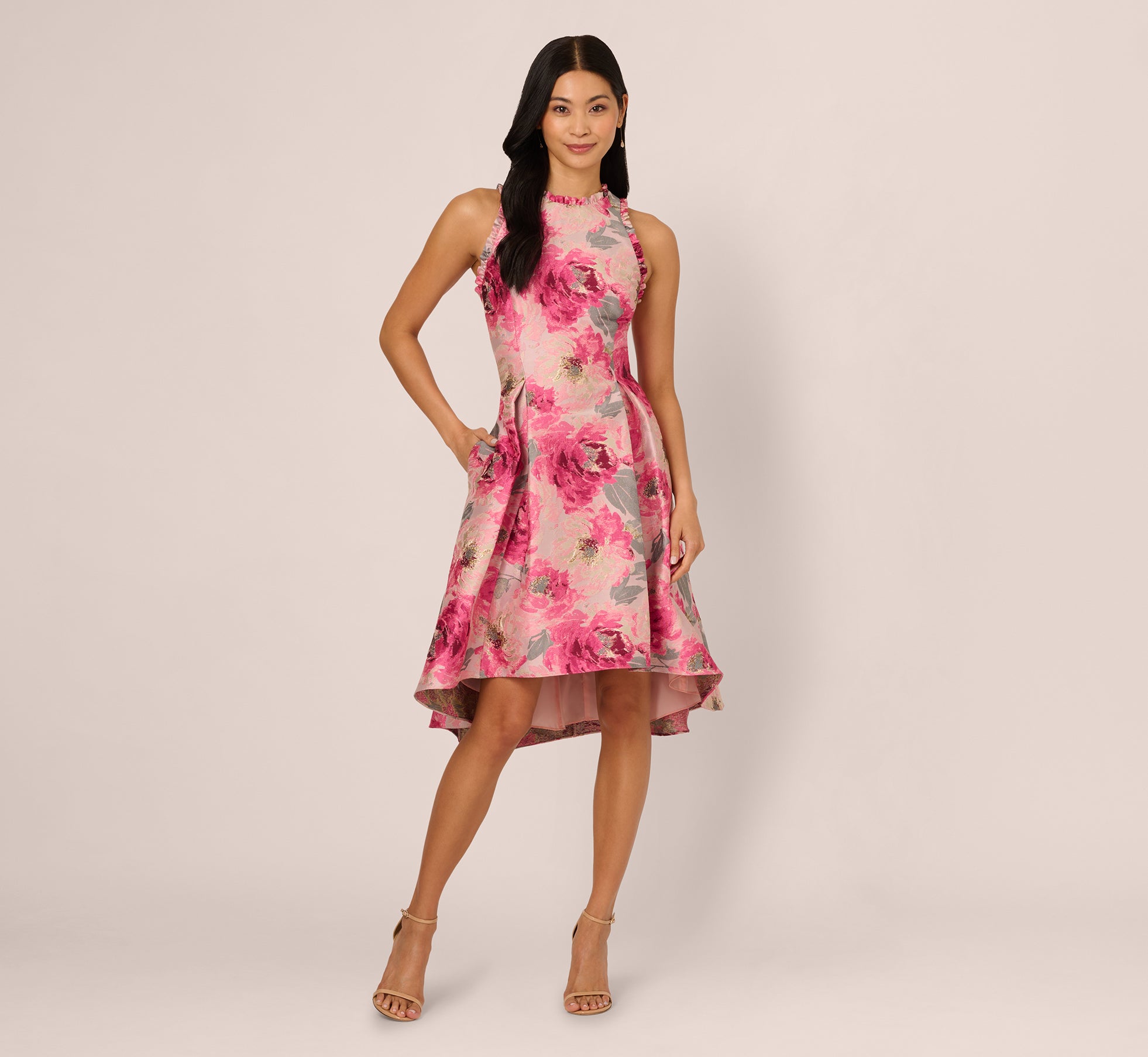Sleeveless Floral Jacquard Fit And Flare High Low Dress In Pink Multi