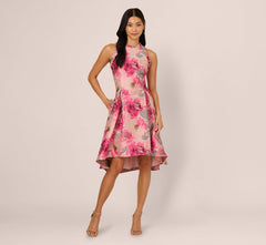 Sleeveless Floral Jacquard Fit And Flare High Low Dress In Pink Multi