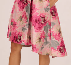 Sleeveless Floral Jacquard Fit And Flare High Low Dress In Pink Multi