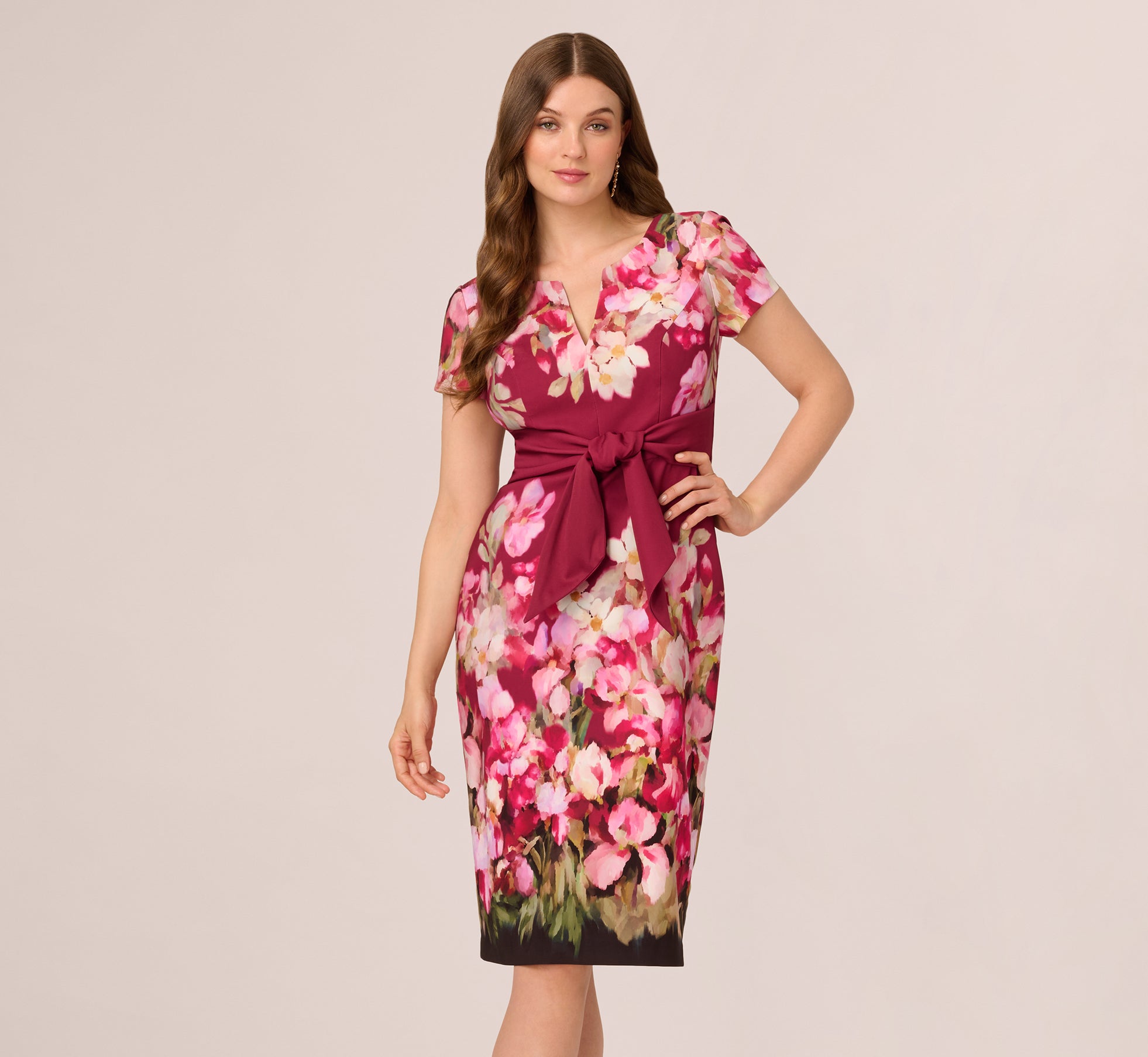 Short Sleeve Iris Floral Sheath Dress In Berry Multi