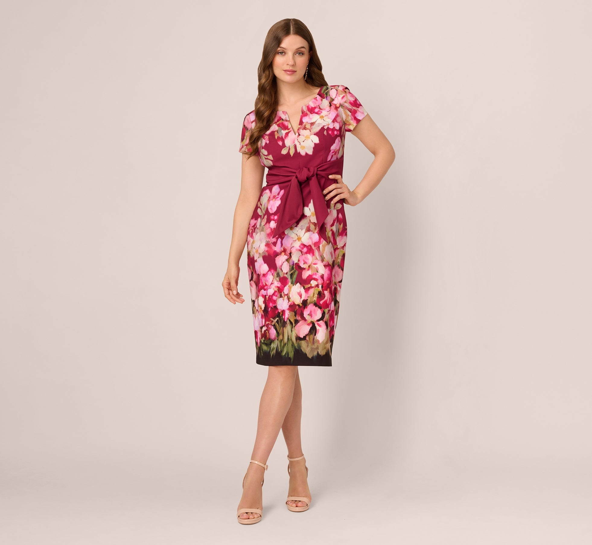 Short Sleeve Iris Floral Sheath Dress In Berry Multi