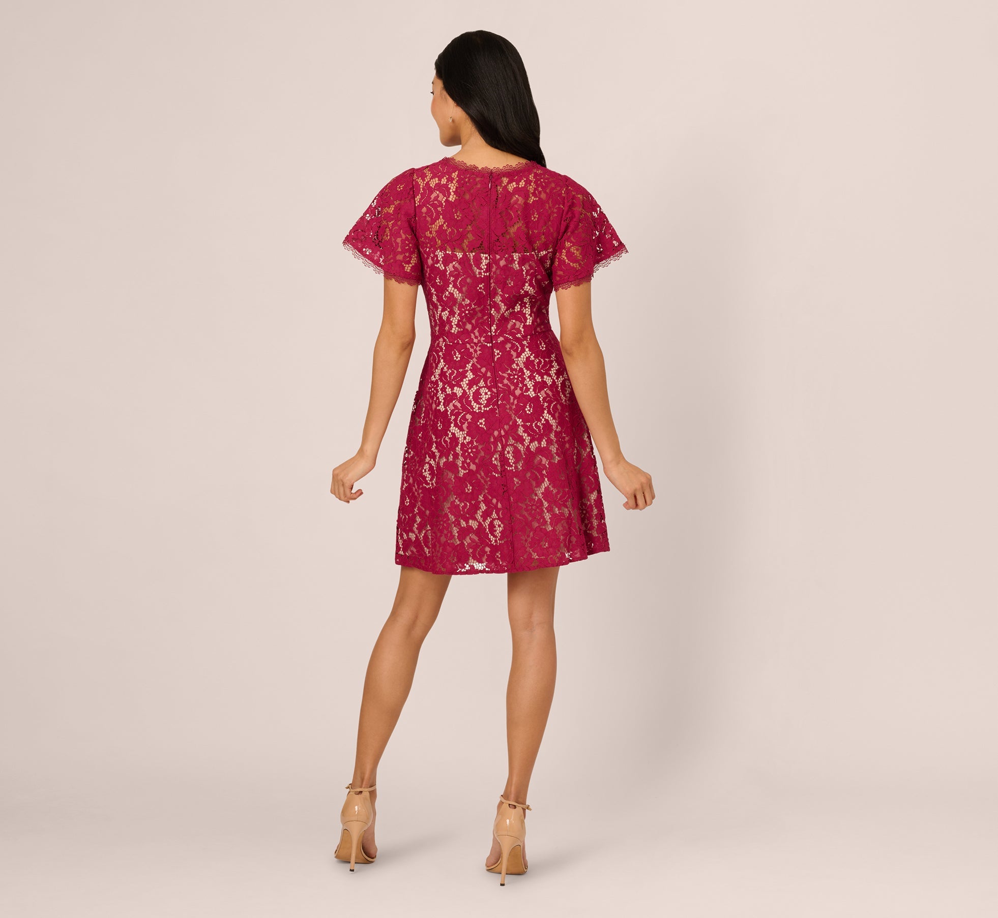 Short Sleeve Lace Illusion Short Dress In Light Wine