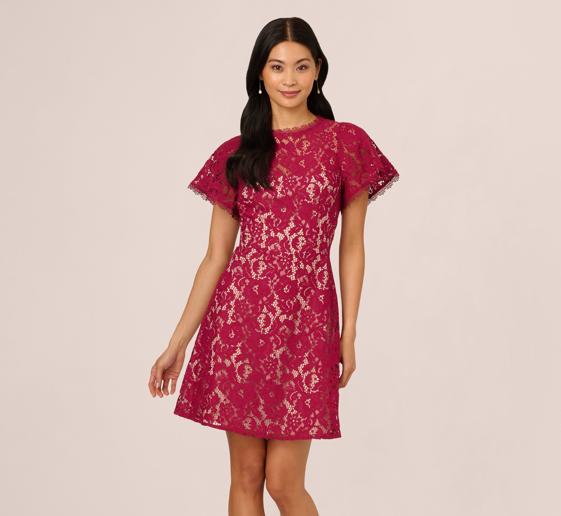 Short Sleeve Lace Illusion Short Dress In Light Wine