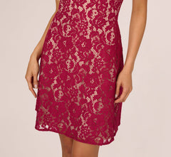 Short Sleeve Lace Illusion Short Dress In Light Wine