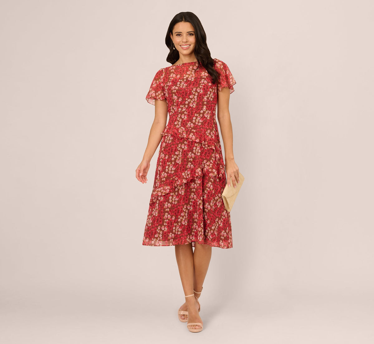 Flutter Sleeve Boat Neck Floral Chiffon Midi Dress In Mocha Multi