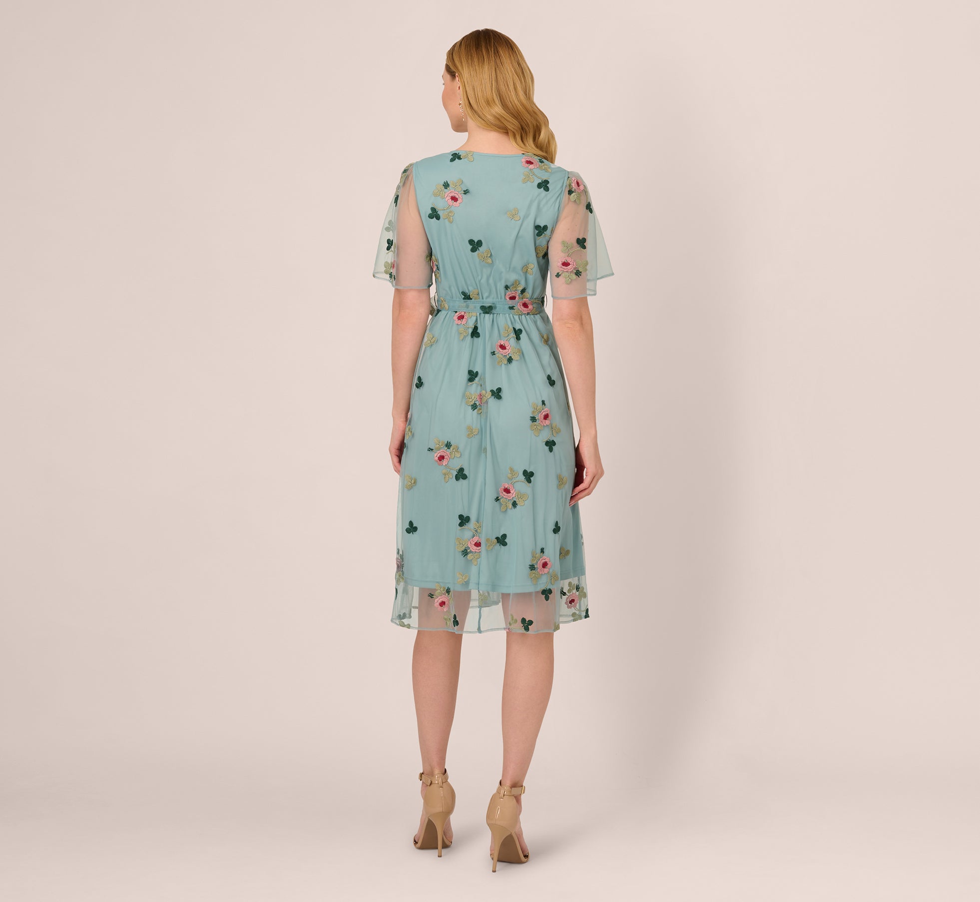 Flutter Sleeve Surplice Embroidered Midi Dress In Slate Multi