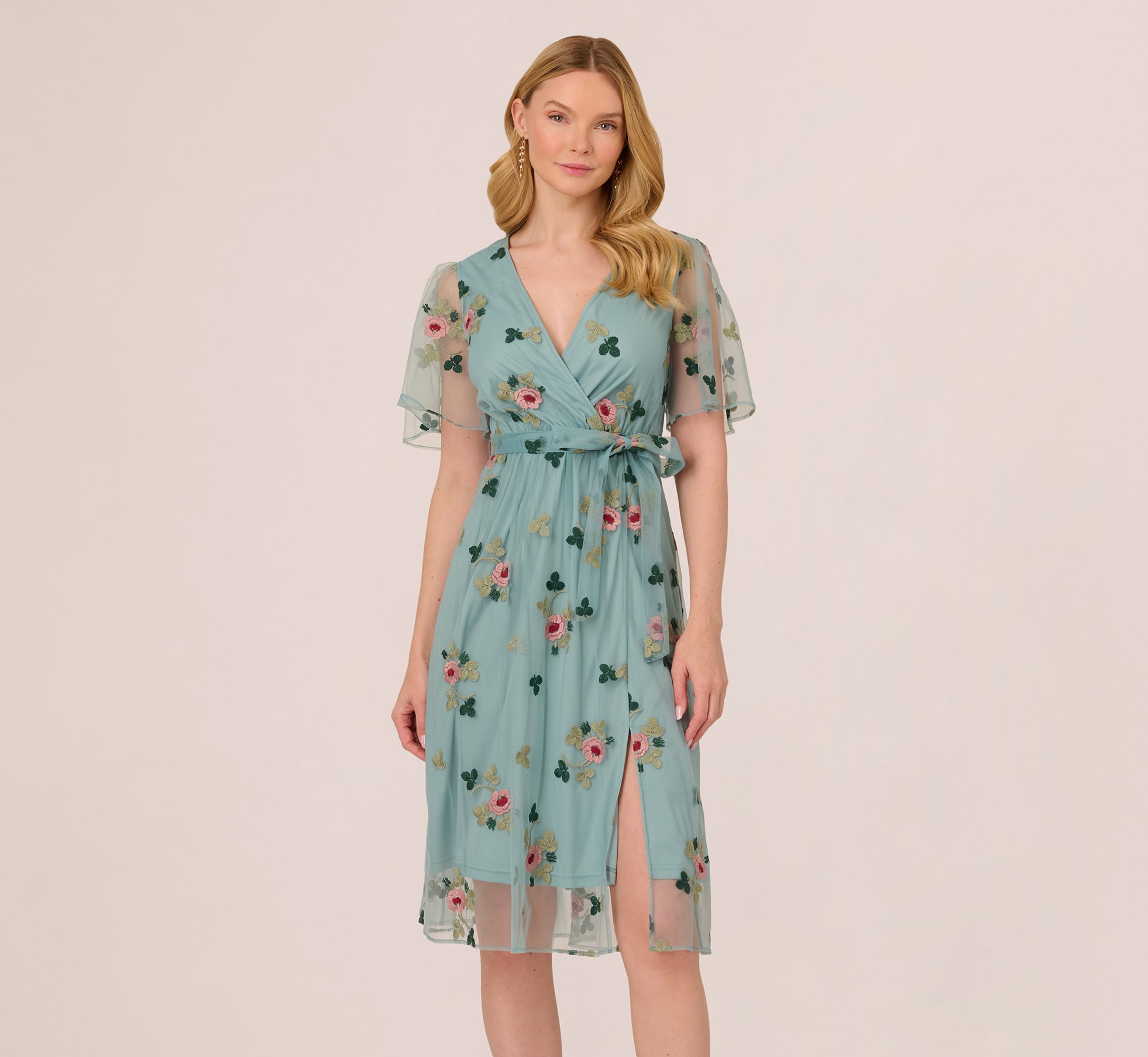 Flutter Sleeve Surplice Embroidered Midi Dress In Slate Multi