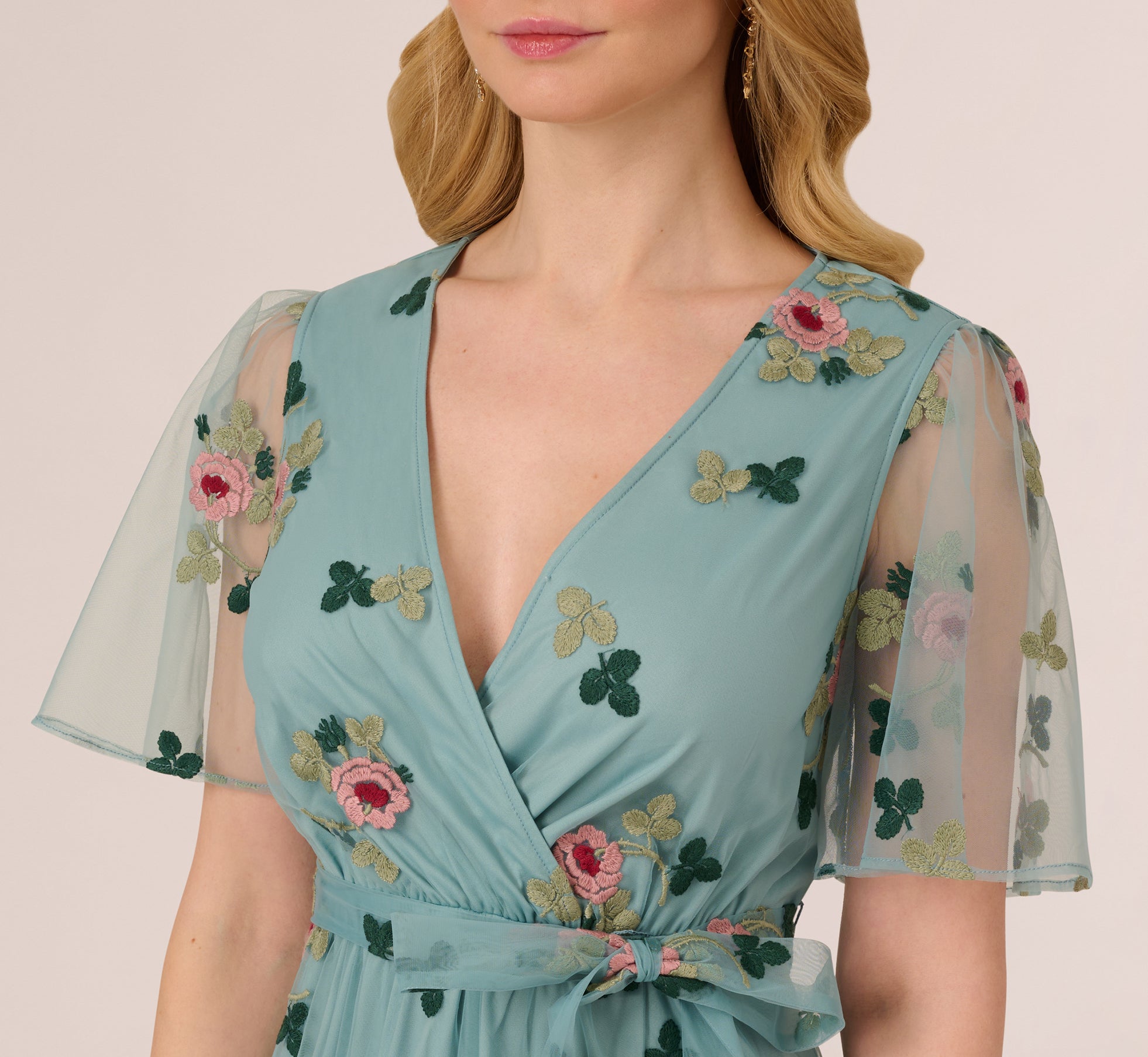 Flutter Sleeve Surplice Embroidered Midi Dress In Slate Multi