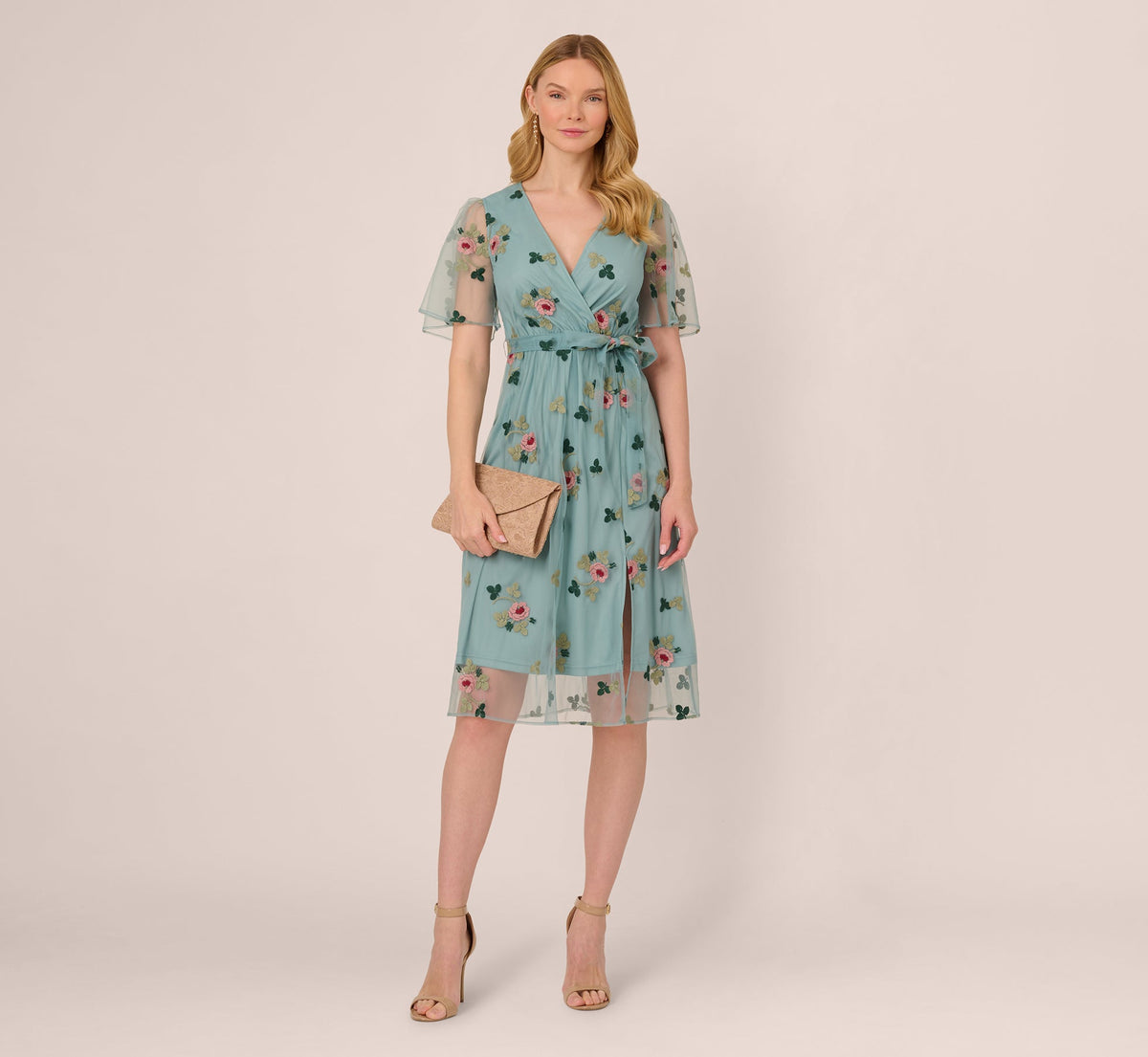 Flutter Sleeve Surplice Embroidered Midi Dress In Slate Multi