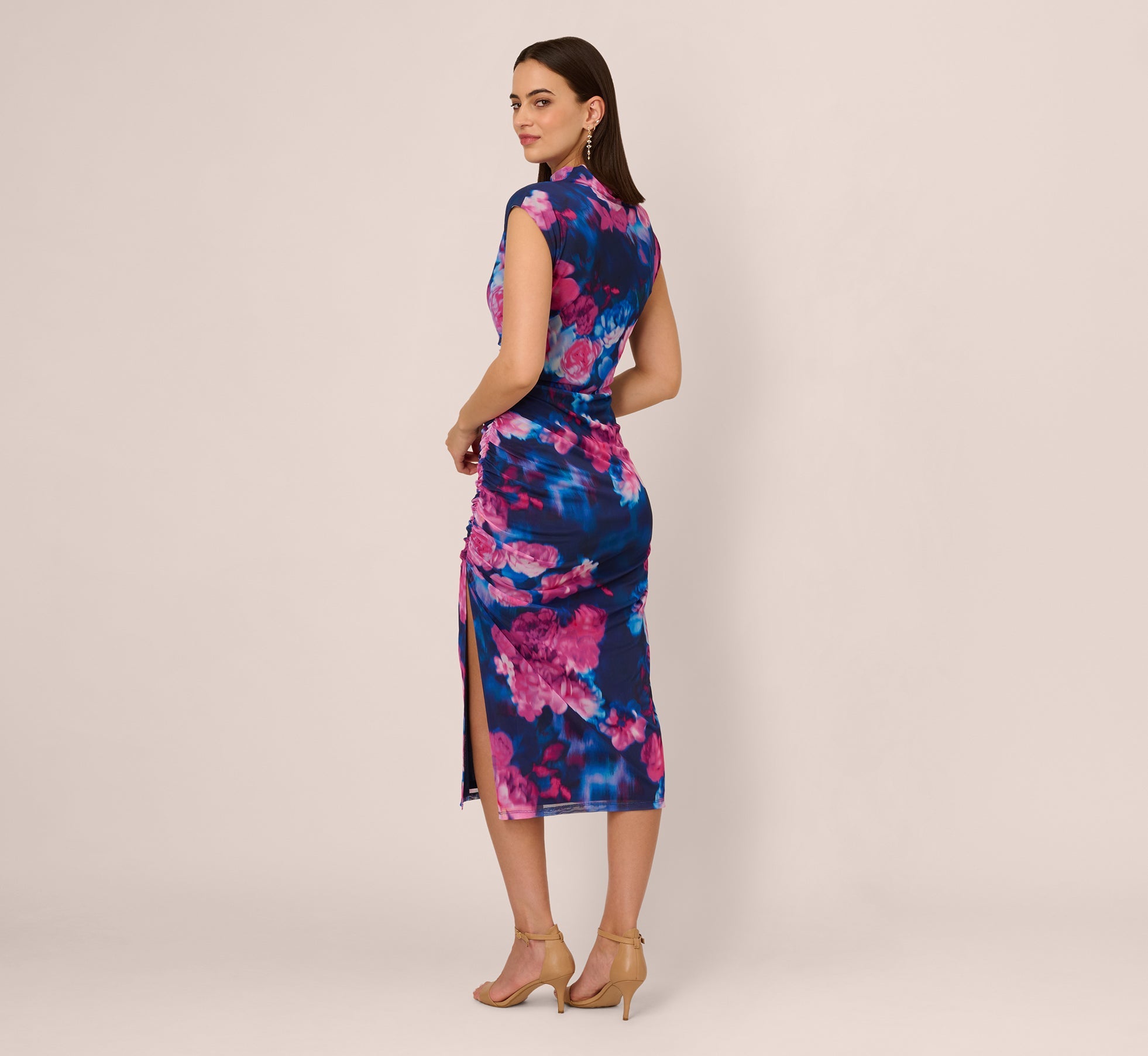 Sleeveless Floral Mesh Draped Midi Dress In Navy Pink Multi