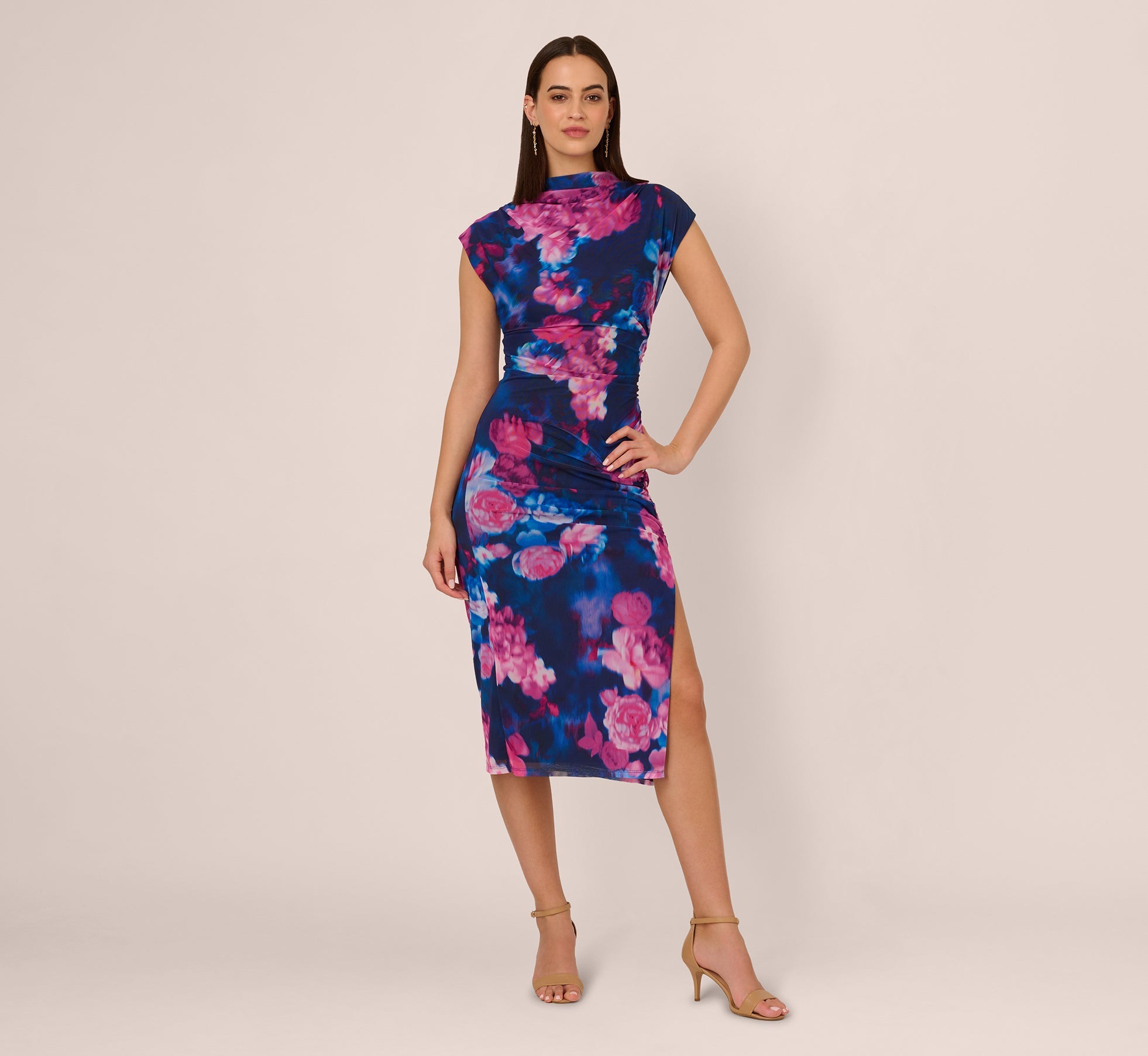Sleeveless Floral Mesh Draped Midi Dress In Navy Pink Multi