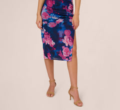 Sleeveless Floral Mesh Draped Midi Dress In Navy Pink Multi