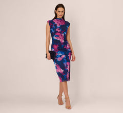 Sleeveless Floral Mesh Draped Midi Dress In Navy Pink Multi
