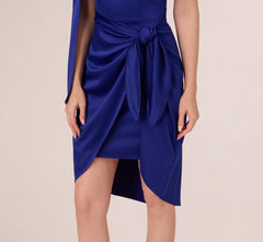 One Shoulder Satin Knot Draped Midi Dress In Dark Blue Violet