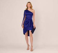 One Shoulder Satin Knot Draped Midi Dress In Dark Blue Violet