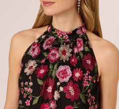Floral Embroidered Trapeze Halter Dress In Pink Multi