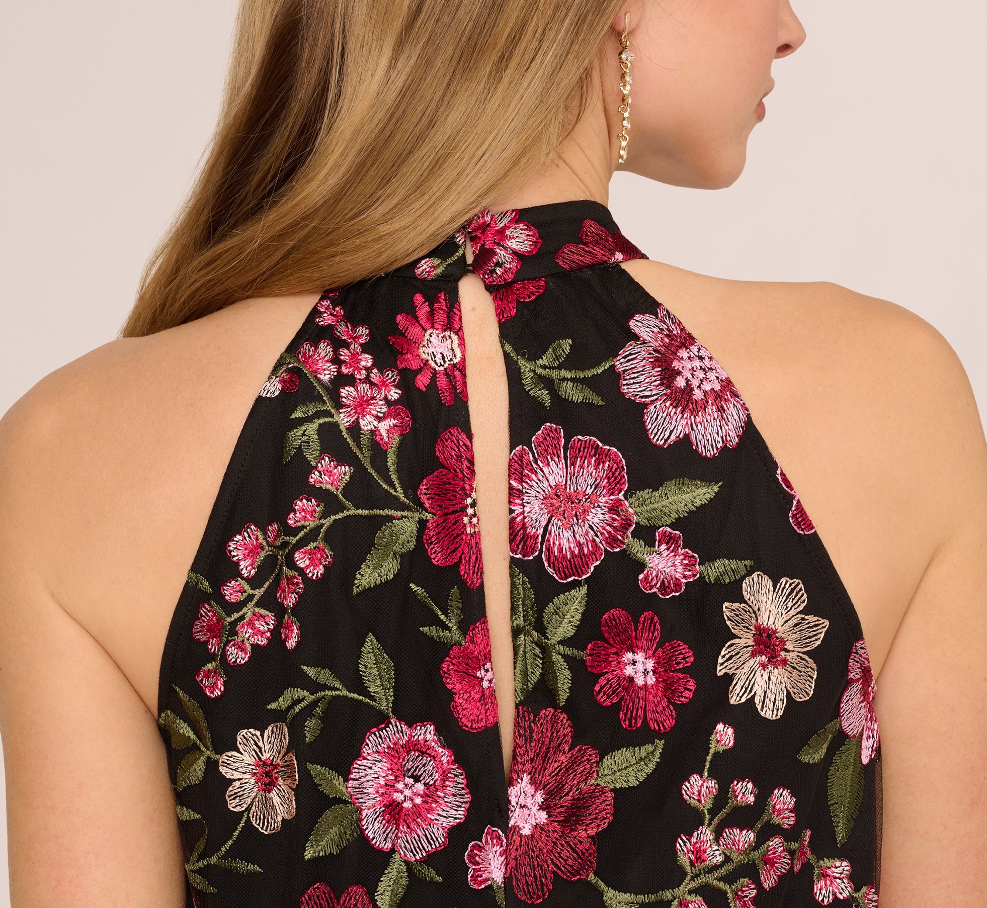 Floral Embroidered Trapeze Halter Dress In Pink Multi