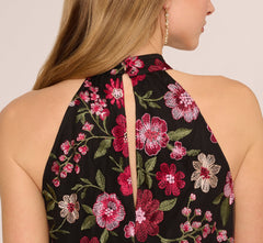 Floral Embroidered Trapeze Halter Dress In Pink Multi