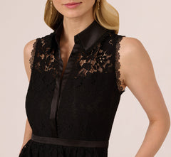 Sleeveless Collared Lace Fit And Flare Dress In Black