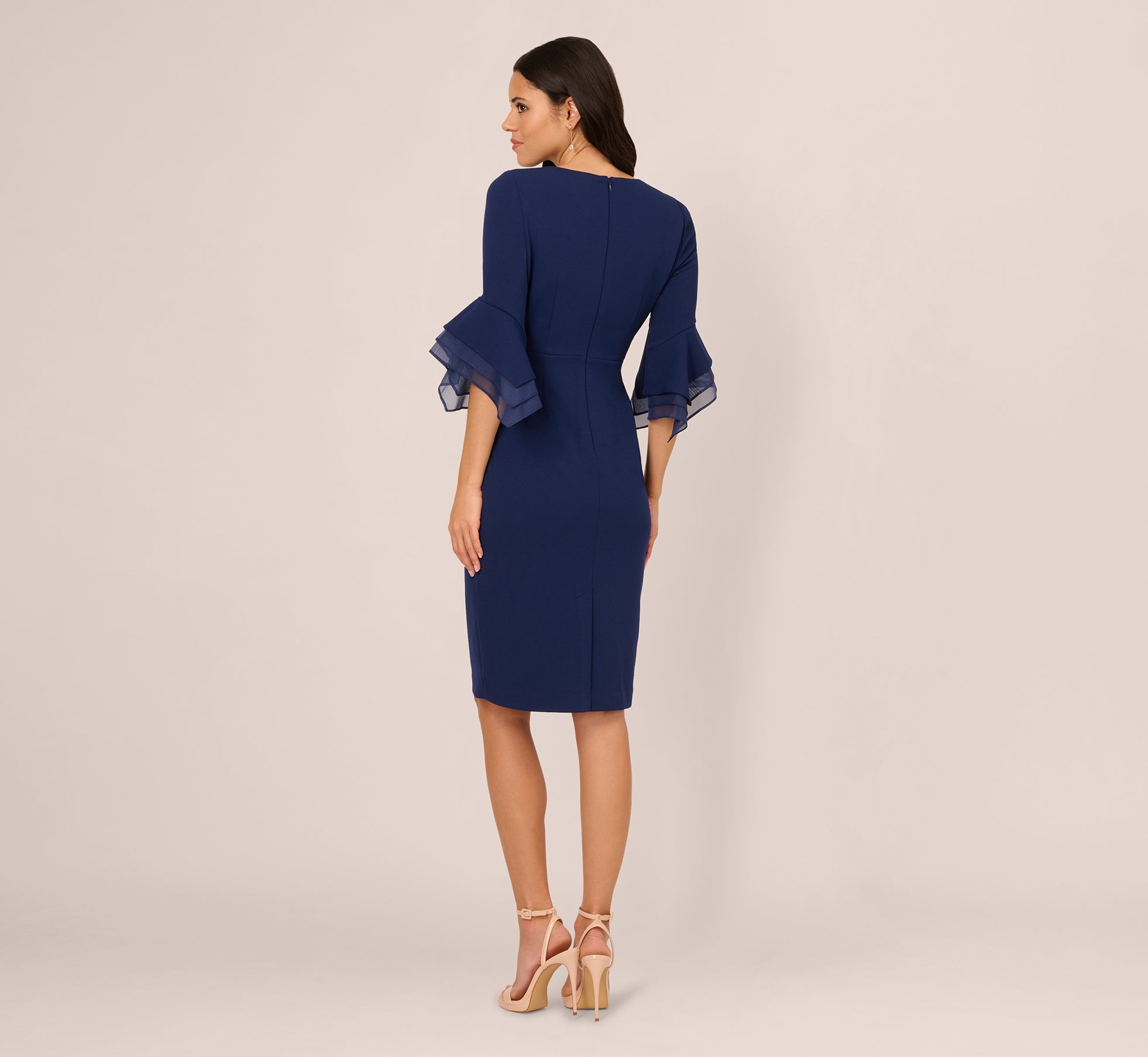 Three Quarter Bell Sleeve Sheath Midi Dress In Navy Sateen