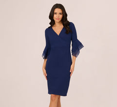 Three Quarter Bell Sleeve Sheath Midi Dress In Navy Sateen