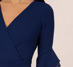 Three Quarter Bell Sleeve Sheath Midi Dress In Navy Sateen