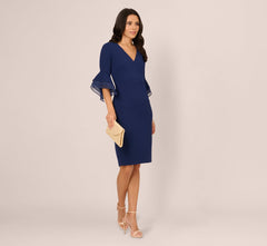 Three Quarter Bell Sleeve Sheath Midi Dress In Navy Sateen