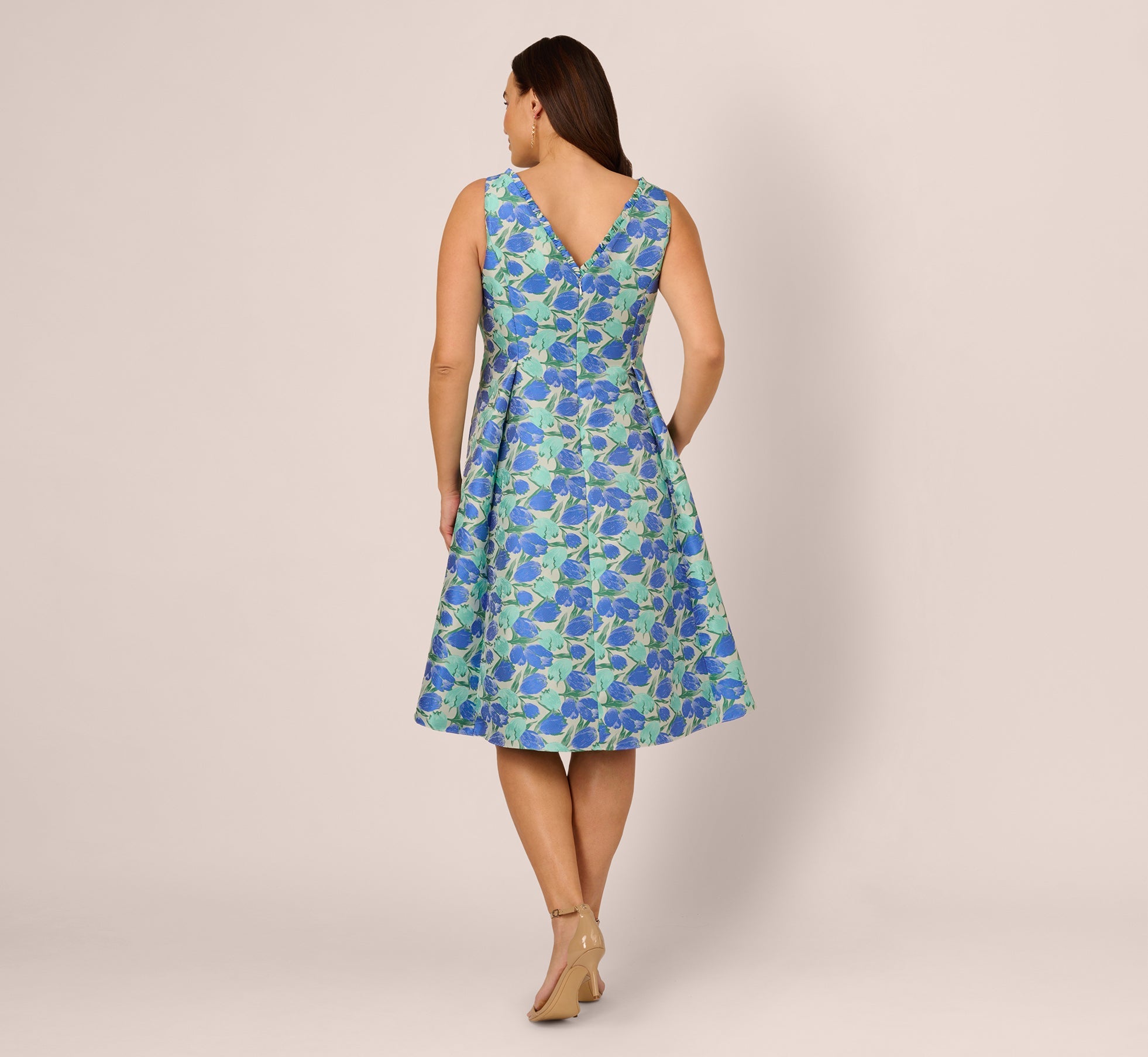 Plus Size Sleeveless Tulip Jacquard Fit And Flare Midi Dress In Blue Green Multi