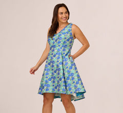 Plus Size Sleeveless Tulip Jacquard Fit And Flare Midi Dress In Blue Green Multi