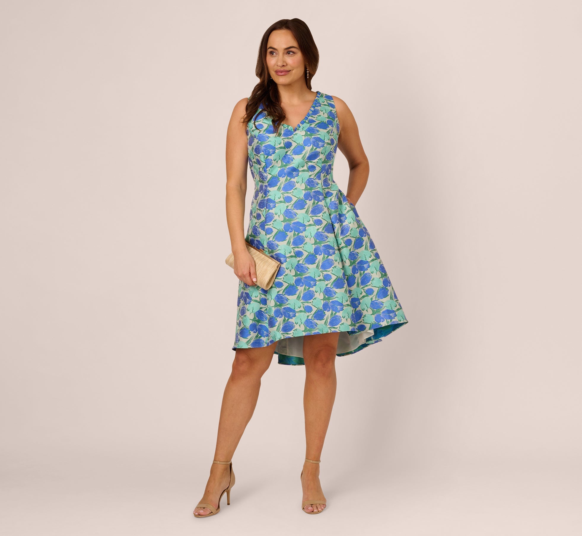 Plus Size Sleeveless Tulip Jacquard Fit And Flare Midi Dress In Blue Green Multi